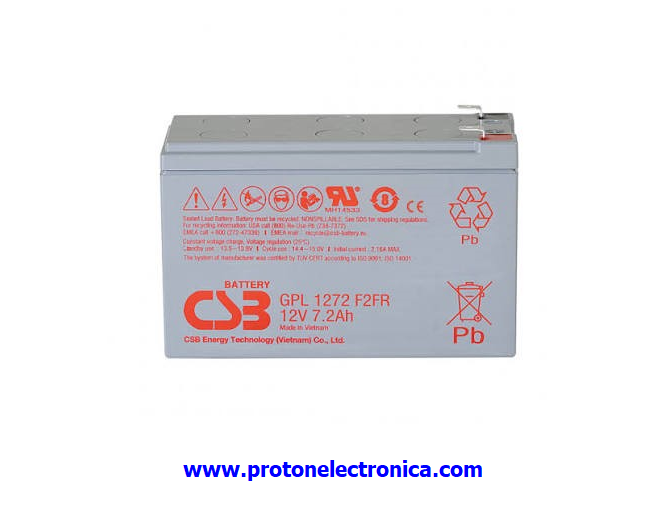 BATERIA CSB GPL1272FR 12V 7,2Ah LV USO GENERAL LARGA VIDA Flame Retardant CARCASA RETARDANTE DE LLAMA UL 94-V0 352W/5' - 99W/30' - 57,2W/60' 151x64,8xh94,3-H98,6mm; 2,6Kg TF2 6,4