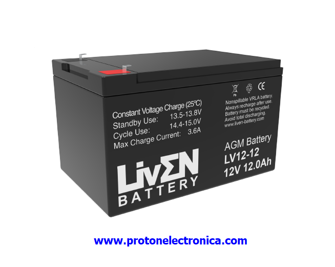 BATERIA LIVEN LV12-12 12V 12Ah F2 USO GENERAL 3-5 Años 20º 471,60W/5' - 239,88W/15' - 86,46W/60' (9,9V) 151x98xh95-H101mm; 3,40Kg TF2 6,35 UL94-HB