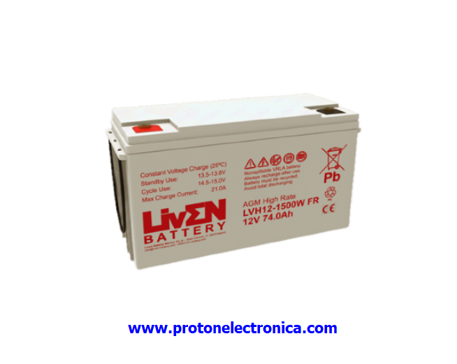 BATERIA LIVEN LVHR12-1500W 12V 74Ah ALTA DESCARGA LARGA VIDA 10-12 Años 1842W/10' - 876W/30' - 532,8W/60' 350x166xH179mm;22,4Kg TM6 UL94-HB