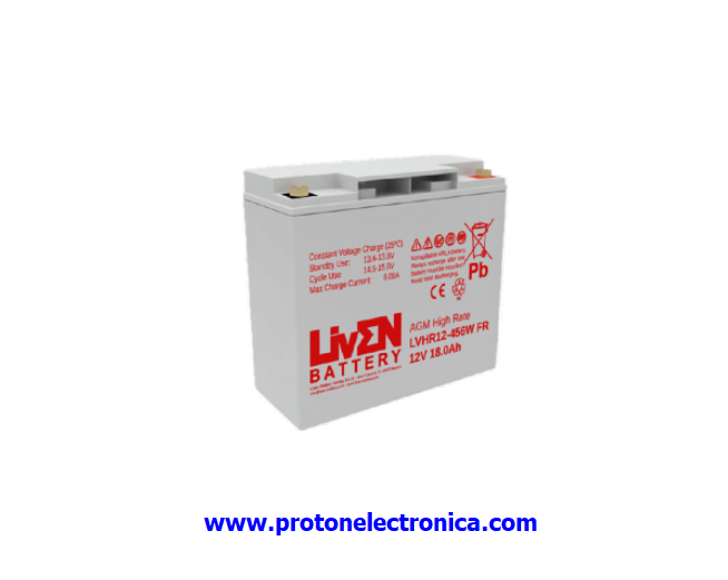 BATERIA LIVEN LVHR12-456W 12V 18Ah ALTA DESCARGA LARGA VIDA 10-12 Años 20º 977,9W/5' - 474,6W/15' - 154,2W/60' 181x77xH167mm; 5,8Kg TM5 UL94-HB