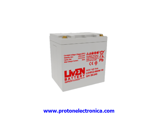 BATERIA LIVEN LVHR12-660W 12V 28Ah ALTA DESCARGA LARGA VIDA 10-12 Años 20º 1374W/5' - 684W/15' - 222W/60' 166x126xH174mm; 8,8Kg TM6 UL94-HB