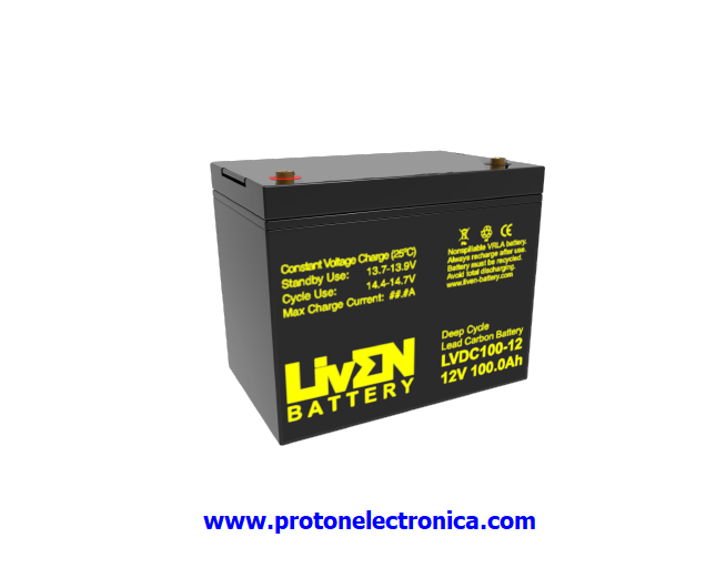 BATERIA LIVEN LVDC100-12 12V 100Ah CG CARBON GEL CICLICA 600/80% 1800/30% 100Ah/20h - 92Ah/10h - 80Ah/3h 25º (10,5V) 260x168xh211H214mm; 25,8Kg; TM6