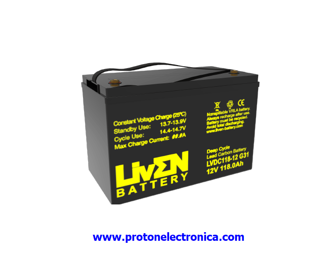 BATERIA LIVEN LVDC118-12G31 12V 118Ah CG CARBON GEL CICLICA 600/80% 1800/30% 118Ah/20h - 113Ah/10h - 98Ah/3h 25º (10,5V) 330x173xh212H220mm; 31,7Kg; TM8