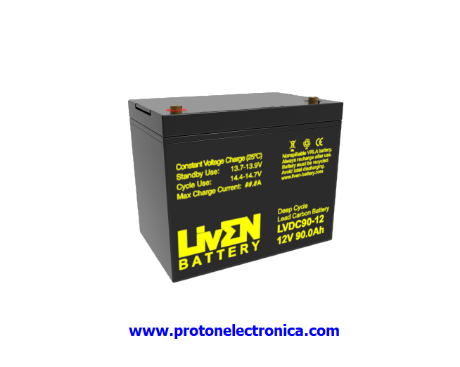 BATERIA LIVEN LVDC90-12G24 12V 90Ah CG CARBON GEL CICLICA 600/80% 1800/30% 90Ah/20h - 85Ah/10h - 72Ah/3h 25º (10,5V) 260x168xh208H214mm; 23,8Kg; TM8